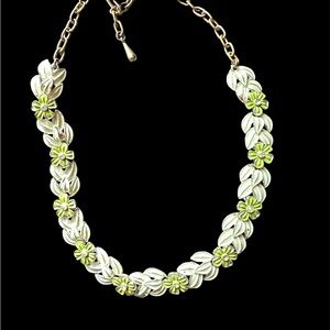 Gold-Tone Floral Link Necklace with Lime Green Accents Vintage